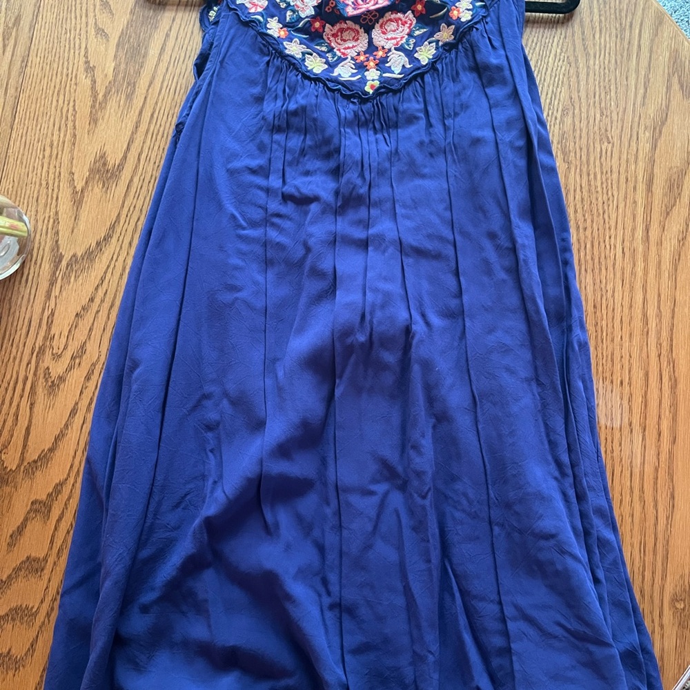 Anthropologie Blue Dress with Floral Embroidery